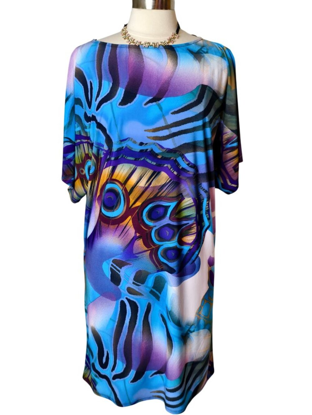 AA Studio Womens 12 Tunic Dress Peek a Boo Slv Peacock Vibrant Abstract Stretch